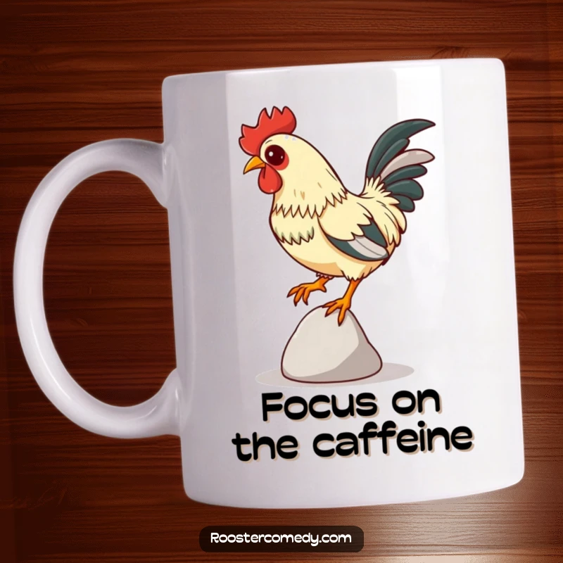 Funny Focused Rooster Pebble Mug, rooster balancing on a small pebble, intense concentration, humorous bird design, great gift.