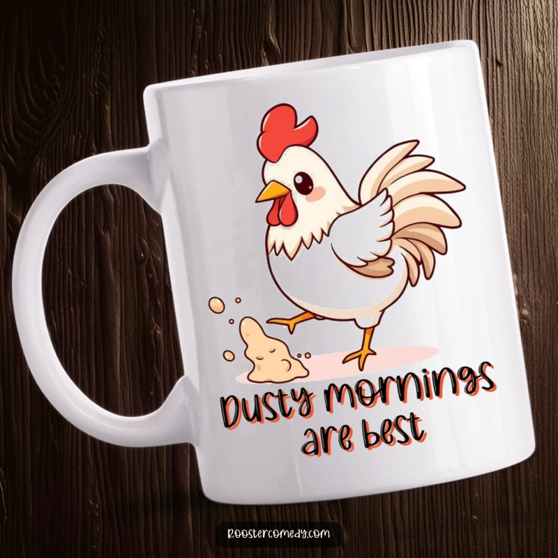 Funny Kawaii Rooster Dust Mug: A cute kawaii rooster playfully kicks up dust, showing off its funny, energetic personality.
