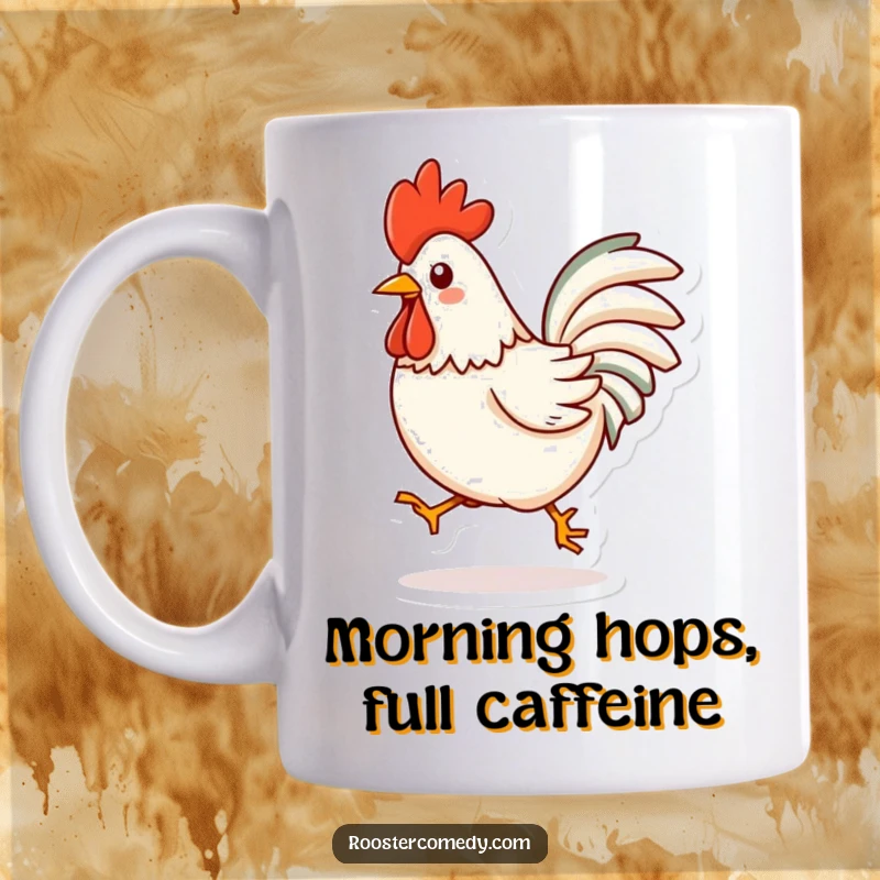 Funny Kawaii Rooster Mug: A cheerful cartoon rooster hopping enthusiastically with wings spread, celebrating morning joy. Perfect for gifting.