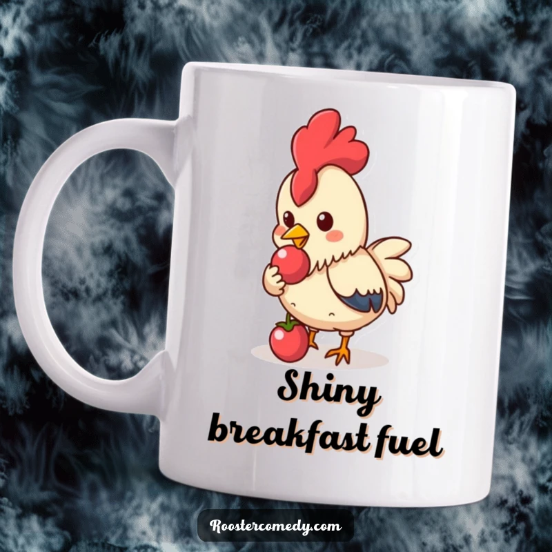 Funny Kawaii Rooster Mug: A cute rooster happily pecks at a shiny berry, ideal funny gift.