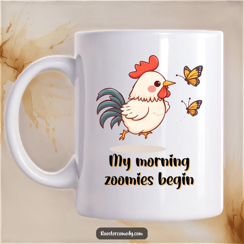 Funny Kawaii Rooster Mug: A gleeful rooster hilariously chases a startled butterfly, perfect for a unique gift.