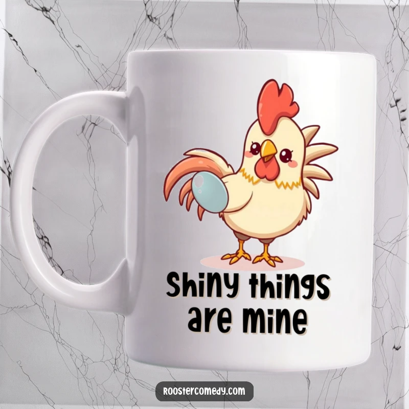 Funny Kawaii Rooster Mug: A cute bird pecks eagerly at a sparkling gem, expressing pure delight and a funny obsession with shiny things.