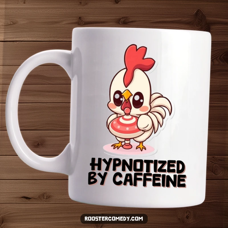 Funny Kawaii Rooster Mug: A cute rooster with huge surprised eyes watching a colorful spinning top intently. A delightful funny gift.