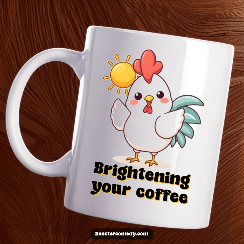 Funny Kawaii Rooster Sun Mug: Cheerful chicken holding a bright sun in its beak, bringing warmth and happiness, perfect for coffee.