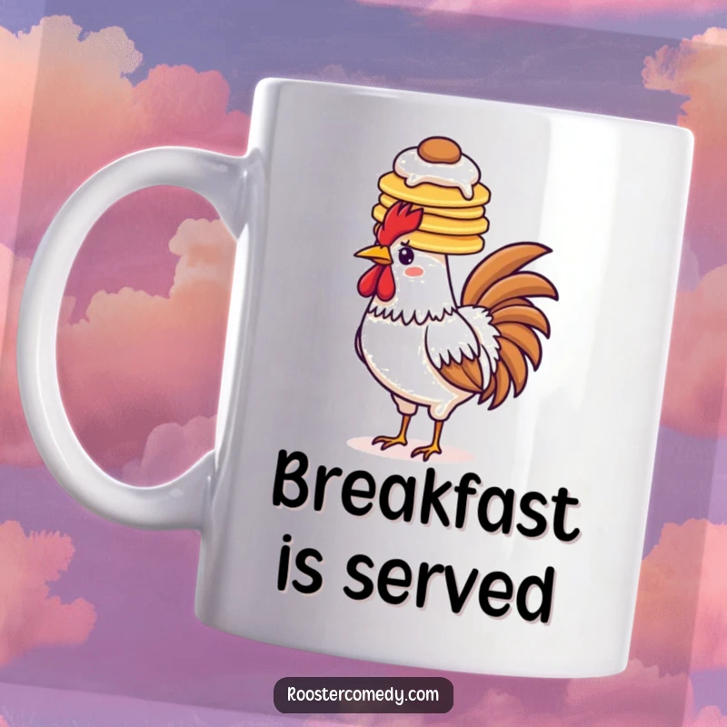 Funny pancake rooster mug, balancing pancakes on head, breakfast humor, whimsical design, great gift.