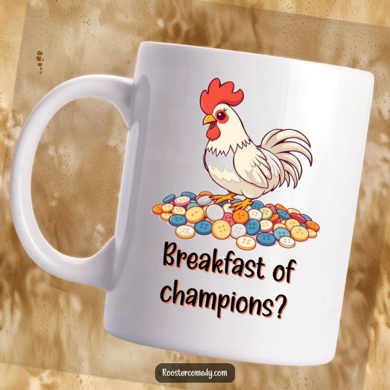 Funny Pecking Rooster Mug, rooster enthusiastically pecking buttons, shiny and humorous bird design, great gift for collectors.