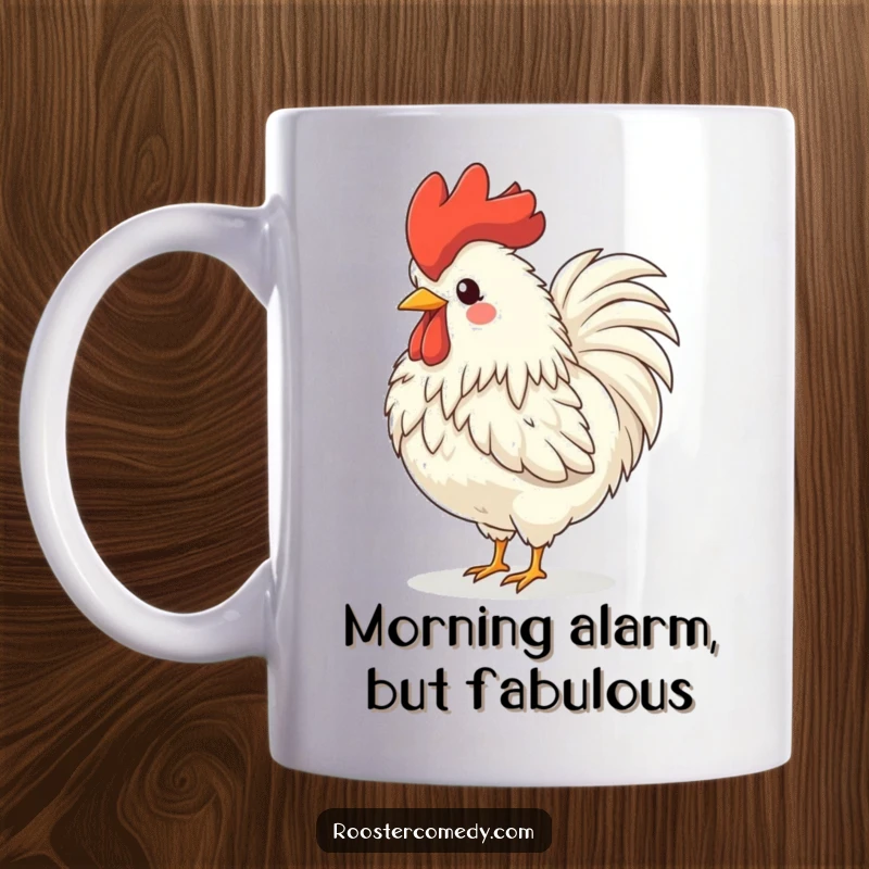 Funny rooster mug, a fluffy bird with a large comb joyfully crowing, head tossed back in pure glee.