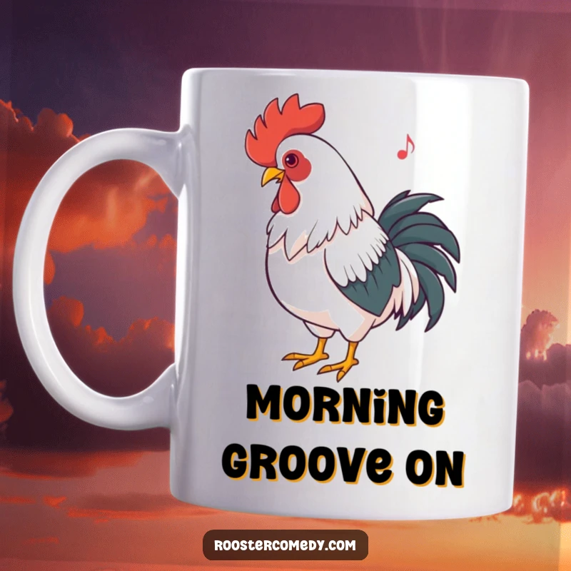 Funny Rooster Dancing Mug: A rooster bobs its head energetically to an unheard rhythm, depicted with musical joy and flair.