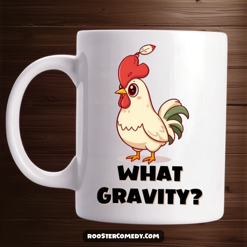 Funny Rooster Mug, eyes wide with shock, watching a single feather drift down, symbolizing unexpected morning humor.
