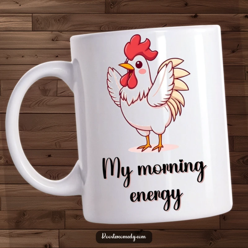 Funny Rooster mug depicting an energetic bird flapping its wings with excitement, full of joyous motion and happy enthusiasm.