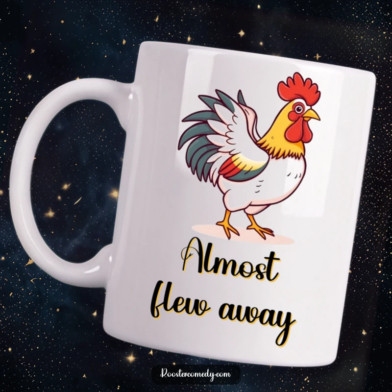 Funny mug showing a rooster happily flapping its wings as if making a short, determined flight, capturing a moment of farmyard ambition.