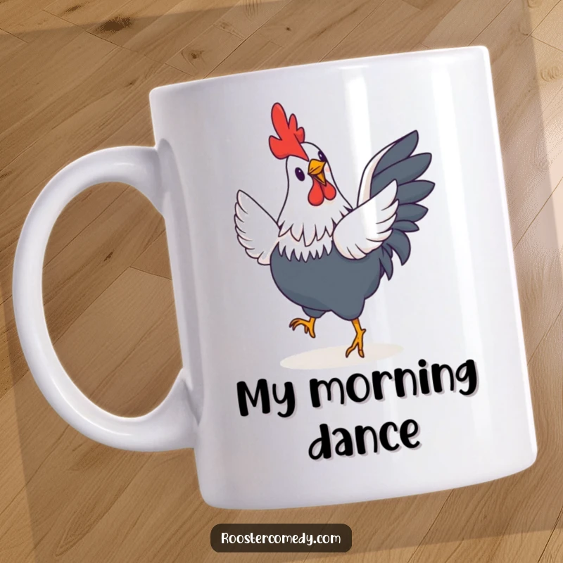 Funny Rooster Mug: A tiny-winged rooster happily jigging with sheer glee, a comical farmyard dance frozen in time.