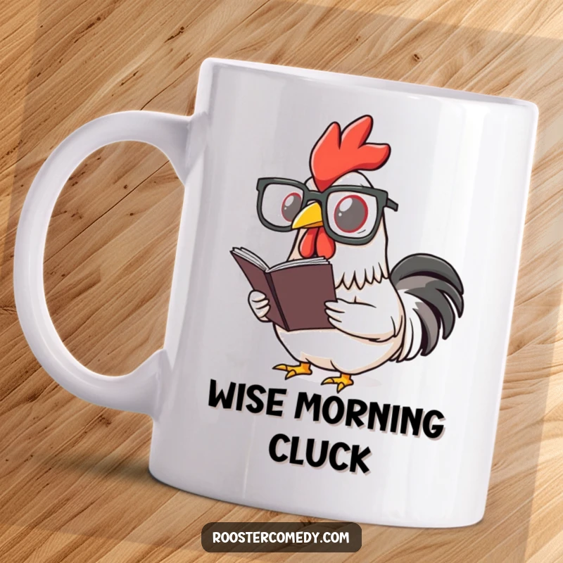 Funny rooster wearing oversized spectacles, intently reading a small book on this mug. A perfect gift for smart bird lovers.