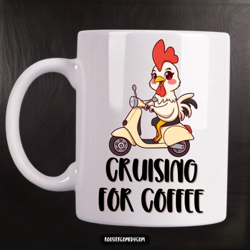 Funny mug showing a rooster with a silly grin joyfully riding a scooter with handlebars held high, embodying fun.