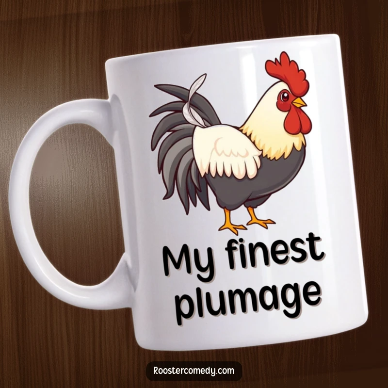 Funny proud rooster mug, holding a single feather with a confident strut, embodying self-assured humor.