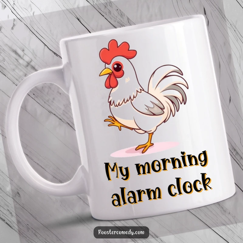 Funny rooster mug with a playful expression, tapping its foot eagerly, ready for a sprint, conveying energetic anticipation.