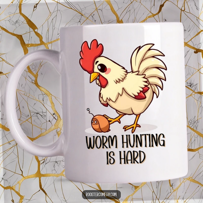 Funny mug showing a rooster comically tripping over its own feet while attempting to catch a wiggly worm, capturing a moment of farmyard chaos.