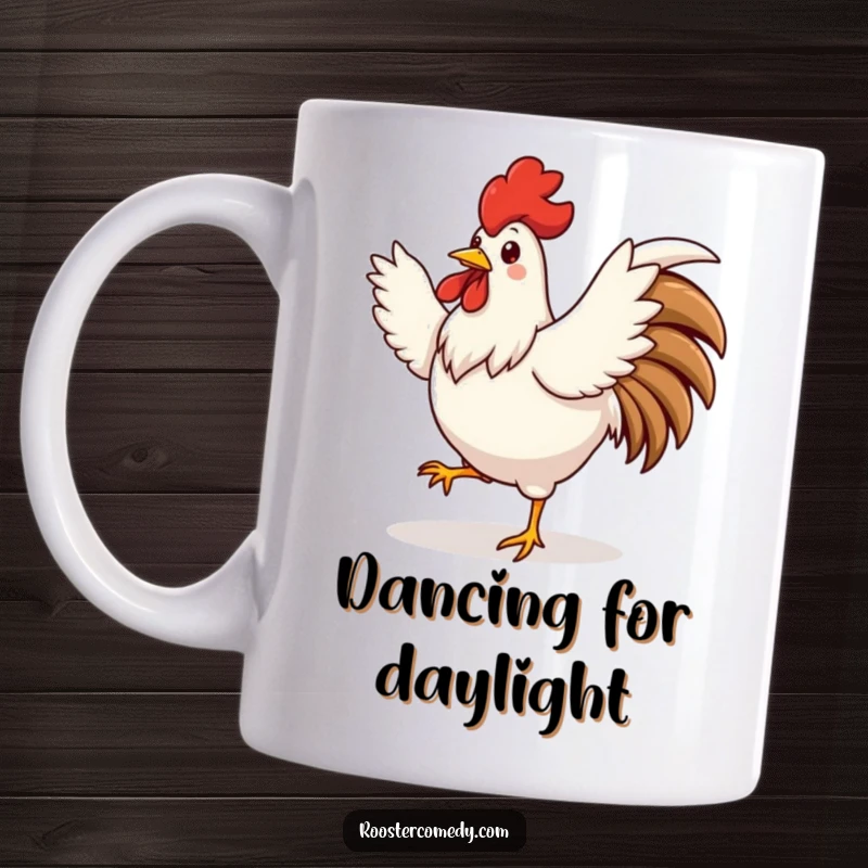 Funny cute rooster mug, doing a silly dance, wings spread wide, energetic and joyful, perfect funny gift for dancers.