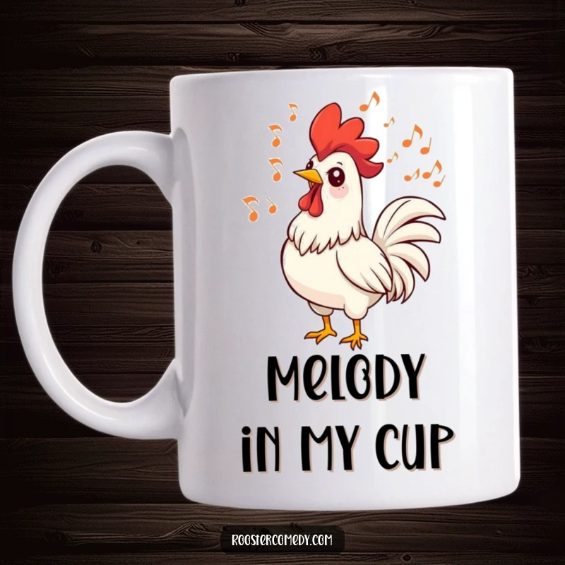 Funny singing rooster with music notes swirling around its head on this mug, radiating happiness and musical joy.