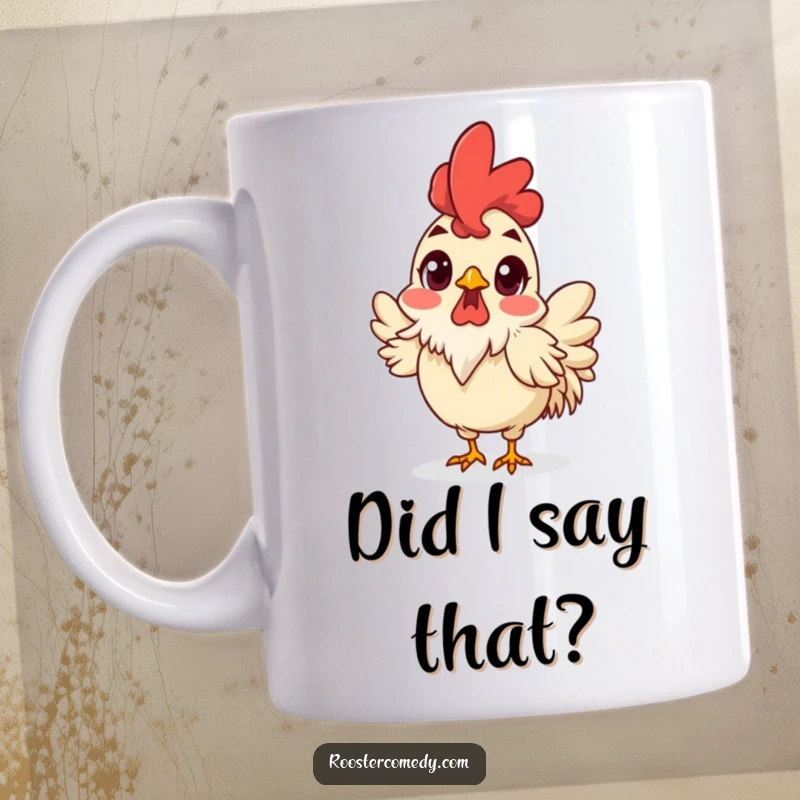 Funny Surprised Rooster Mug, rooster with wide eyes and ruffled feathers, shocked and humorous expression, perfect gift for bird lovers.