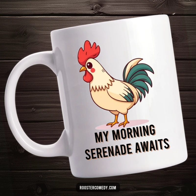 Funny Mug featuring a charming rooster with a tilted comb, proudly strutting and whistling a happy tune, exuding confidence.