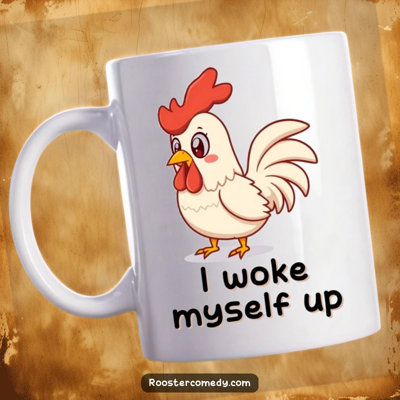 Funny surprised rooster mug, mid-squawk with wide eyes and feathers ruffled, expressing shock and hilarity.