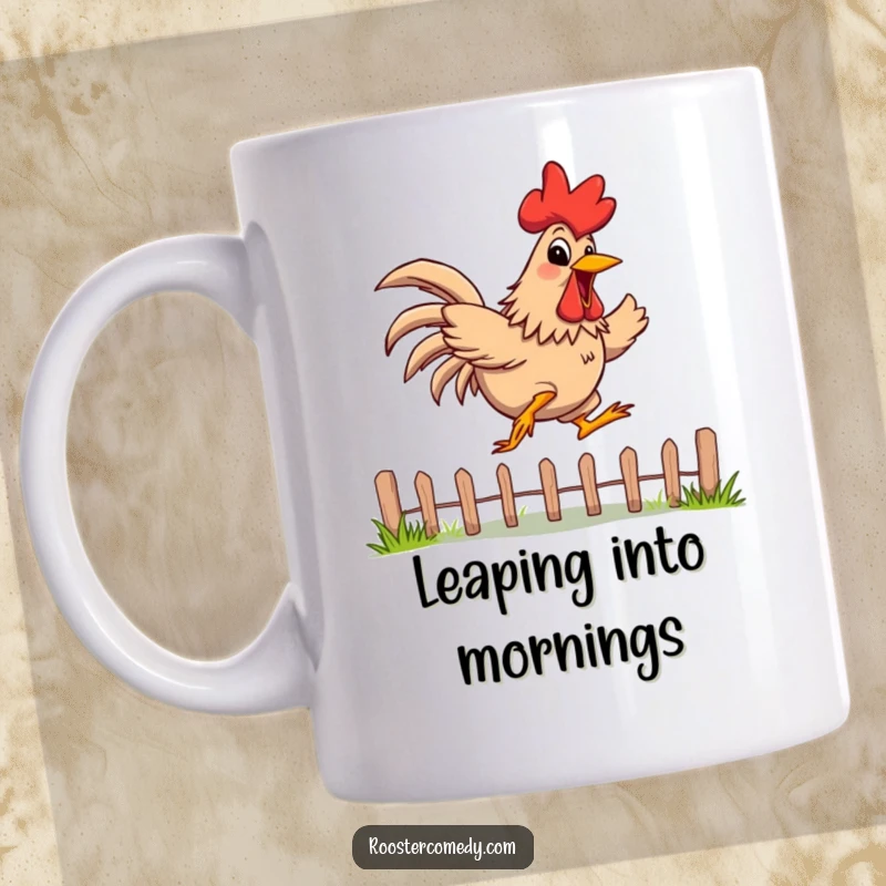 Funny Mug featuring a rooster with a wide, energetic grin, mid-jump over a low fence, capturing pure joy and motion.
