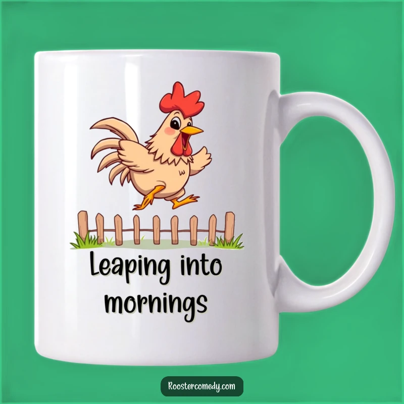Funny Jumping Rooster Mug: Energetic Grin, Fence Jumper, Perfect Humorous Gift