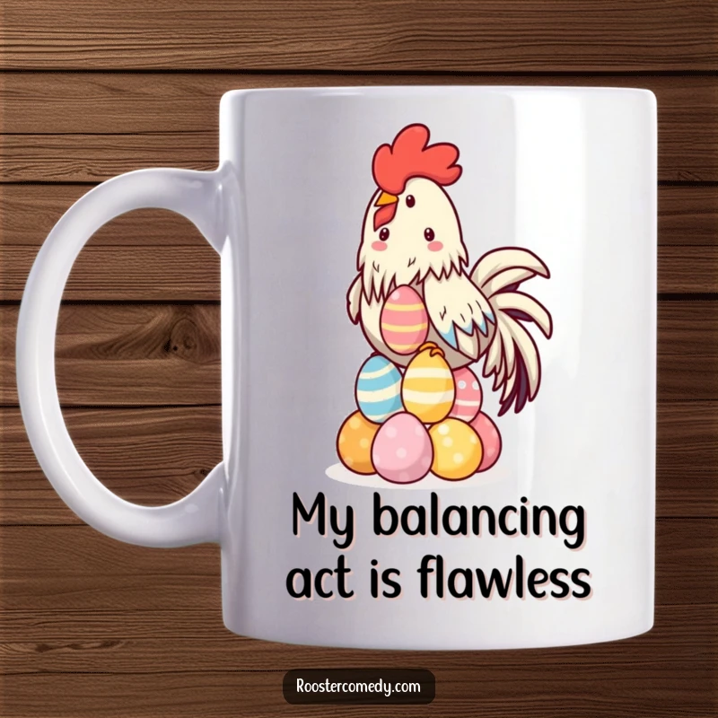 Funny Kawaii Rooster Mug precariously balancing a tall stack of vibrantly colored eggs, showcasing farm humor.