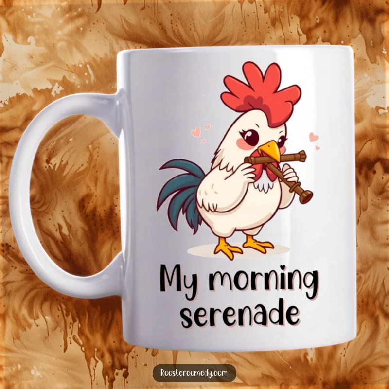 Funny Mug featuring a rooster joyfully playing a tiny flute, capturing a moment of pure musical delight.