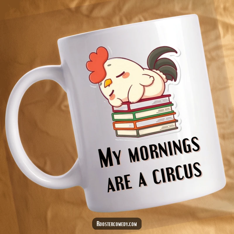 Funny mug featuring a dozing rooster with a fluffy tail, comically toppling a stack of books, perfect for a laugh.
