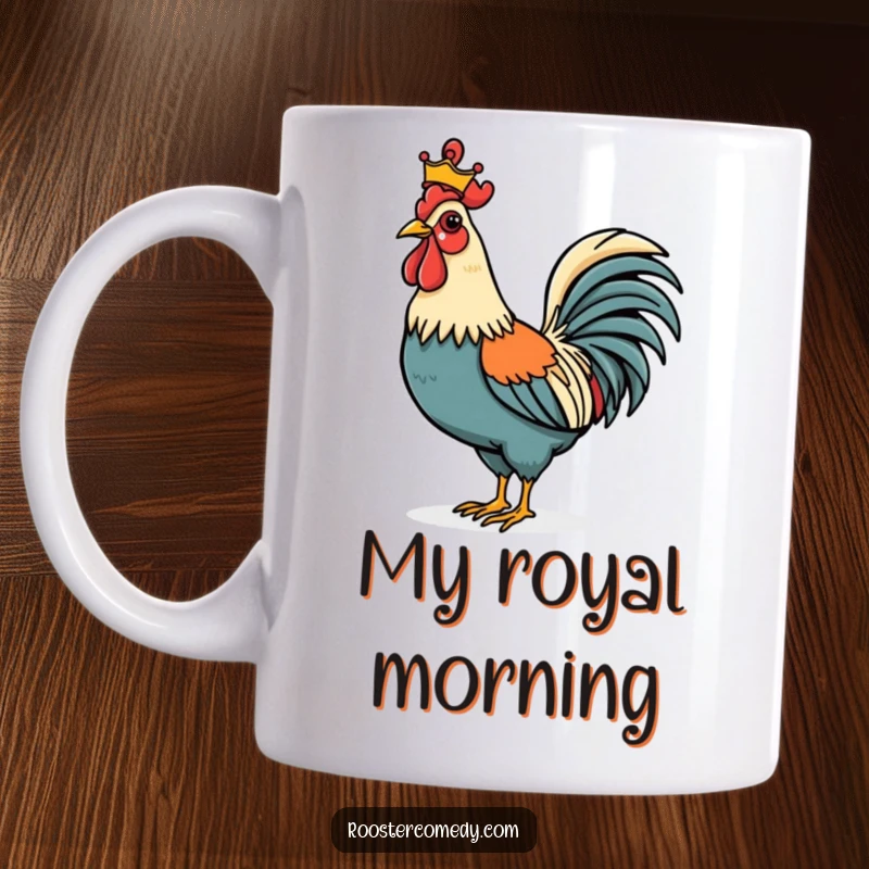 Funny Rooster mug with a tiny crown perched jauntily on its head, strutting proudly with a regal and slightly humorous air.