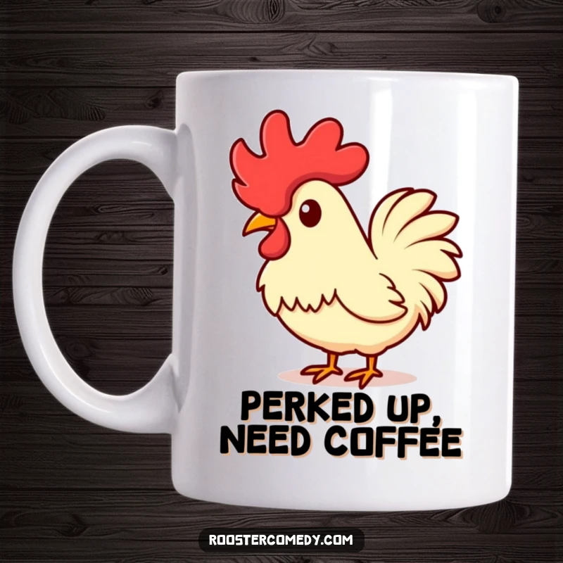 Funny Kawaii Rooster Mug: A cute rooster tilting its head, comb slightly raised in a curious gesture. A wonderfully funny gift.