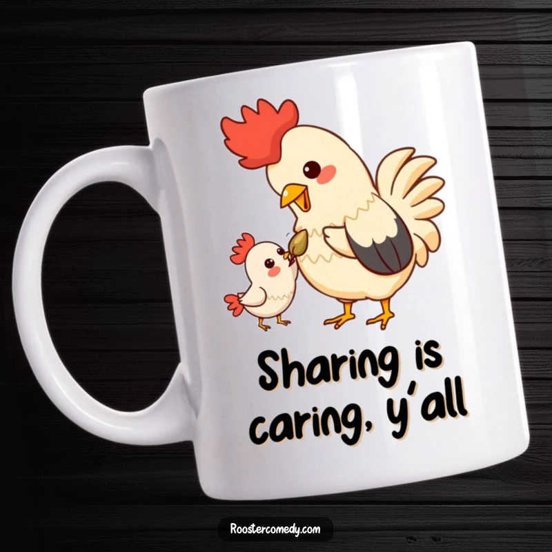 Funny Kawaii Rooster Mug: A cute rooster shares a seed with a happy friend, symbolizing companionship and a shared moment.