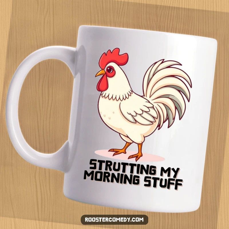 Funny Kawaii rooster mug depicting a cute rooster strutting proudly with its tail feathers fanned out, exuding confidence and flair.