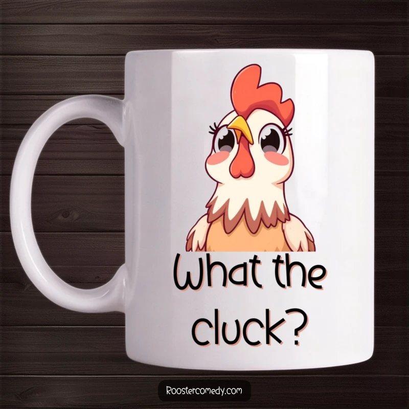 Funny Rooster Sky Surprise Mug: A rooster with wide, shocked eyes stares upward at the sky, depicted with comical astonishment.