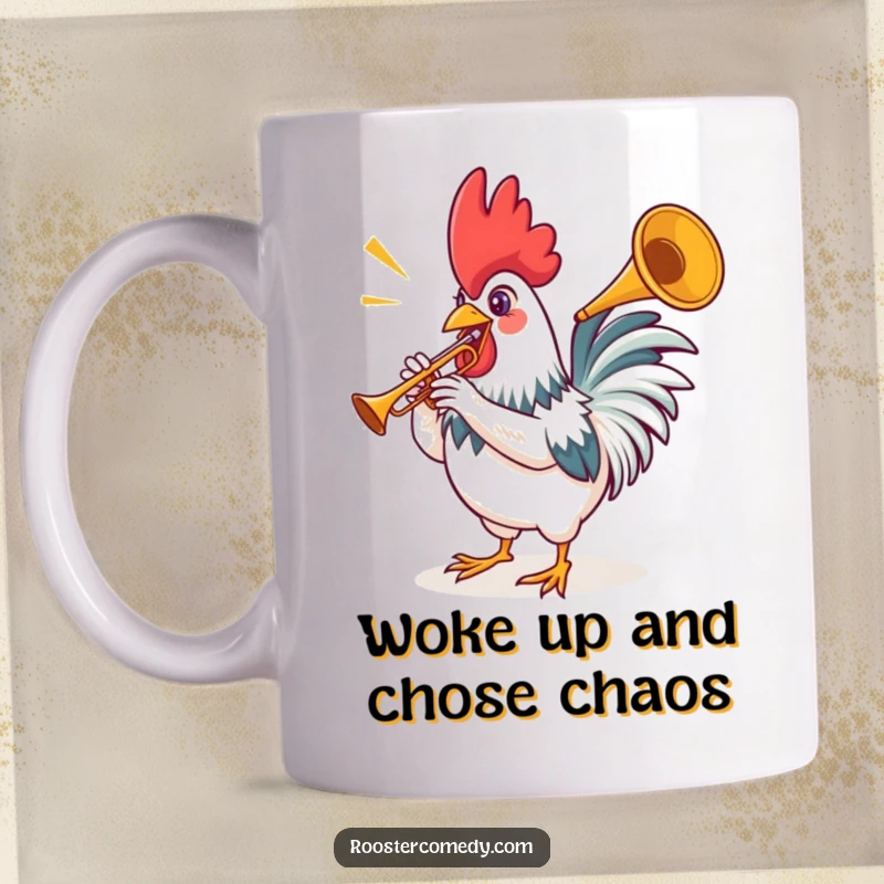 Funny rooster mug with a tiny trumpet, playing a jubilant fanfare with spread wings and a proud expression.