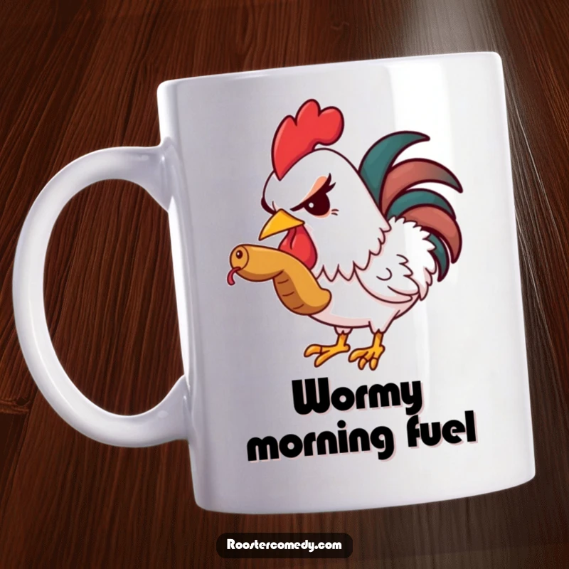 Funny mug featuring a rooster slyly winking as it sneaks a bite of a juicy worm, embodying mischief.