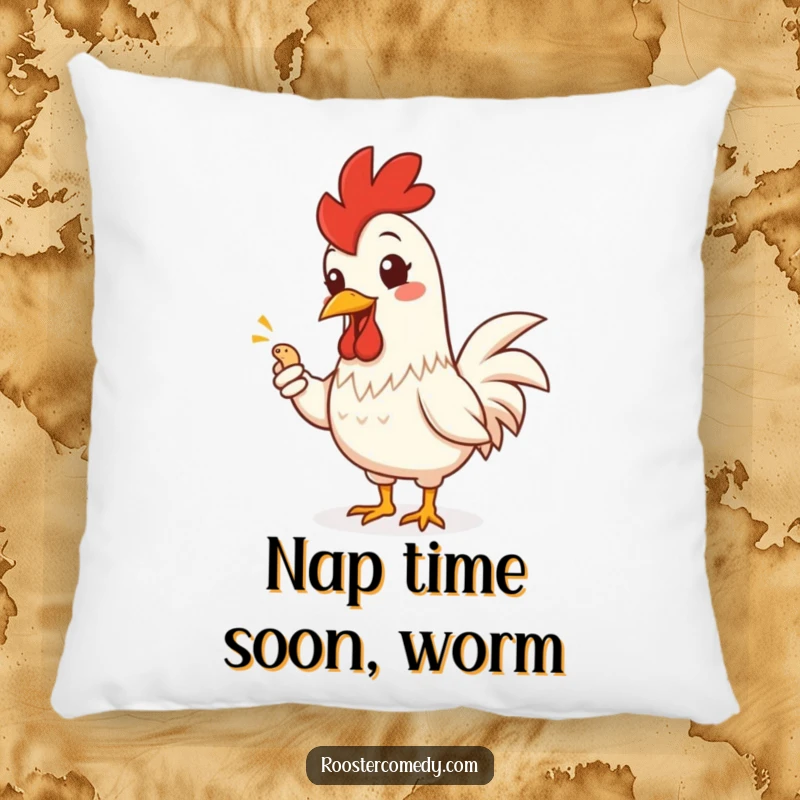 Funny Rooster Pillow: Soft and plush pillow featuring a grinning rooster offering a worm, decorative and humorous.