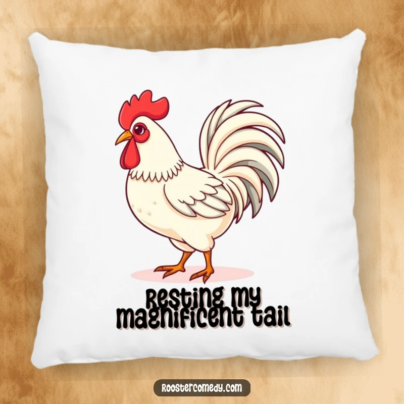 Funny Kawaii rooster pillow featuring a cute rooster strutting proudly with its tail feathers fanned, offering cozy comfort and a touch of swagger.