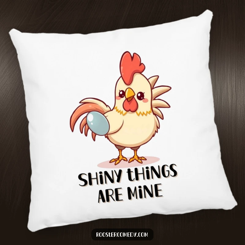 Funny Kawaii Rooster Pillow: A plush cushion featuring a cute rooster pecking at a shiny object, bringing funny, whimsical charm to any seating area.