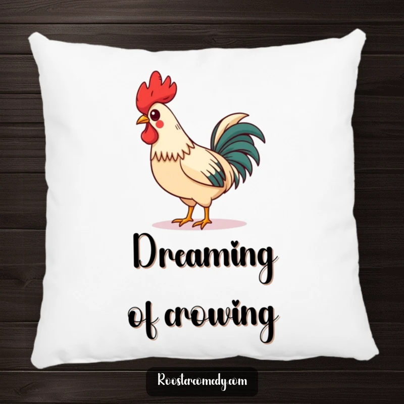 Funny Pillow featuring a charming rooster with a jaunty comb, whistling proudly while strutting, offering comfort and humorous appeal.
