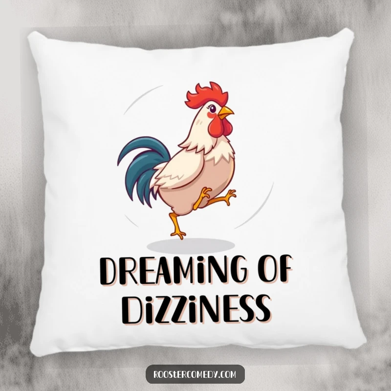 Funny rooster pillow with a dizzy bird chasing its tail, perfect for cozy comfort and playful decor.