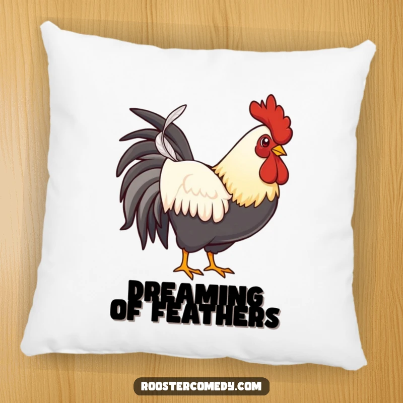 Funny proud rooster pillow, a soft cushion featuring a rooster confidently holding one feather, adding humor to decor.