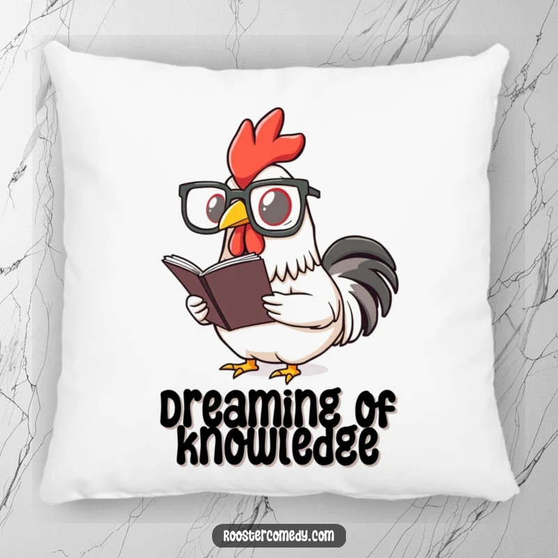 Funny rooster pillow with a bird wearing reading glasses and a book, perfect for cozying up with literature.