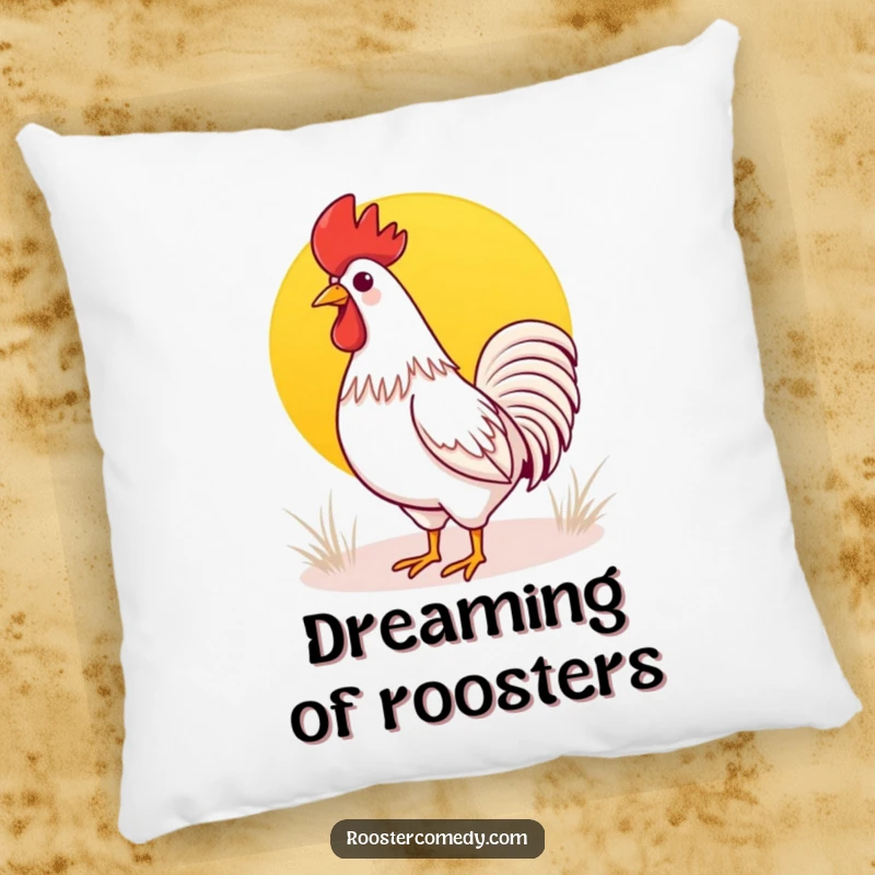 Funny Kawaii rooster pillow featuring a cute rooster crowing at a sunrise, offering cozy comfort and a touch of morning charm.