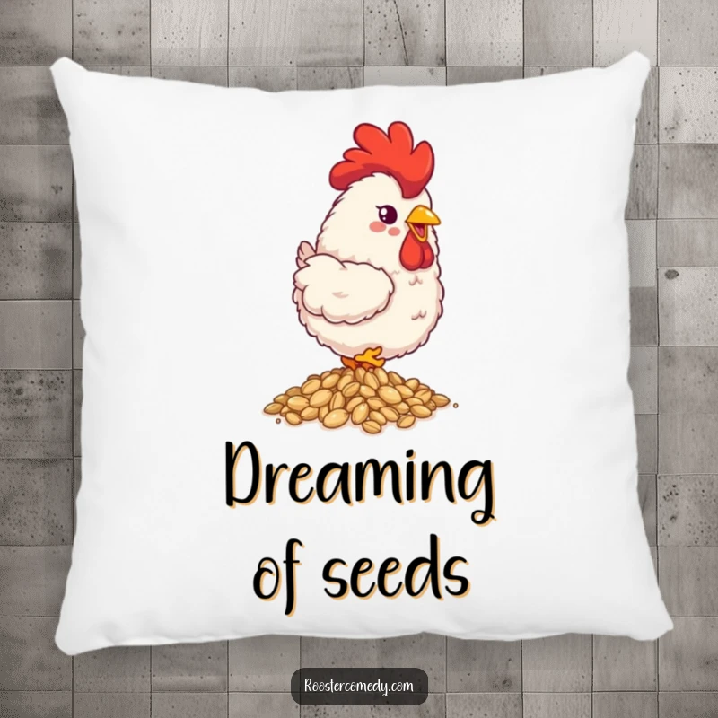 Funny fluffy rooster pillow, soft and cozy, happily pecking seeds, cute farm decor, perfect funny gift.