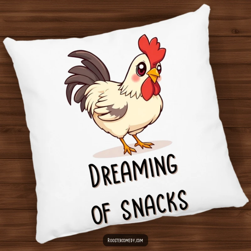 Funny curious rooster pillow, a soft cushion featuring a rooster with bright, curious eyes pecking the ground.