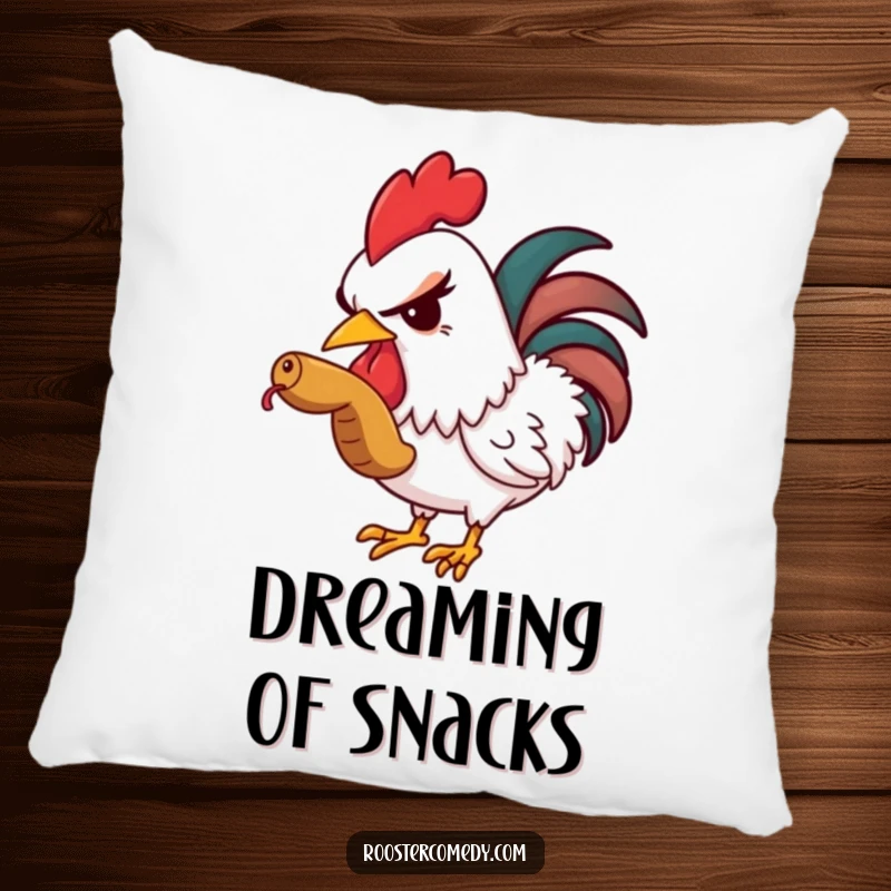 Funny pillow featuring a sly rooster winking while enjoying a worm, perfect for adding humorous charm.