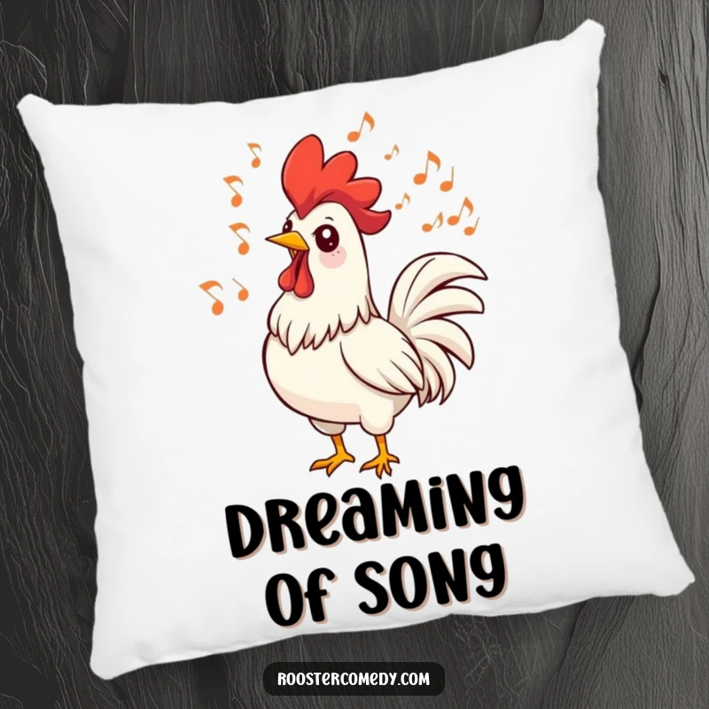 Funny rooster pillow with a singing bird and musical notes, perfect for adding comfort and musical cheer.